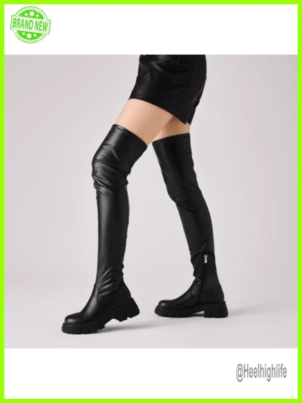 Stretchy Faux Leather Thigh High Platform Lug Sole Boots
